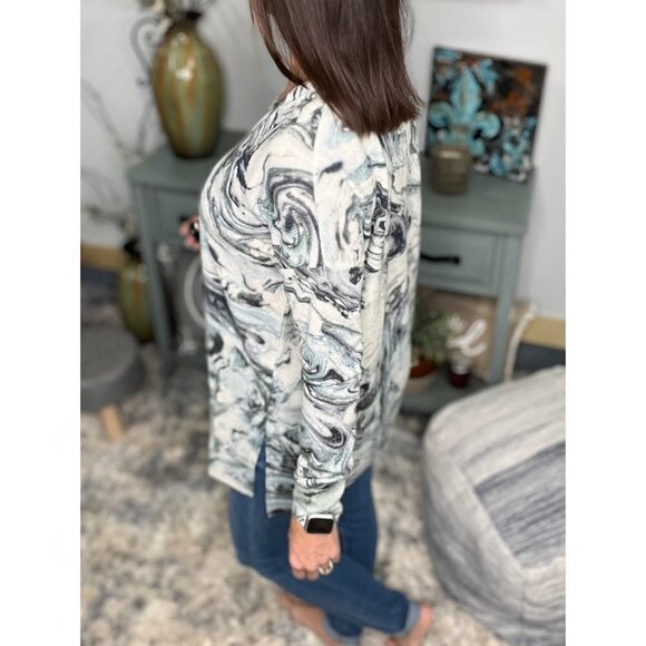 Floaty V Neck Textured Jacquard Marble Print Boxy Long Sleeve Ice Blue 3222 - Picture 7 of 14